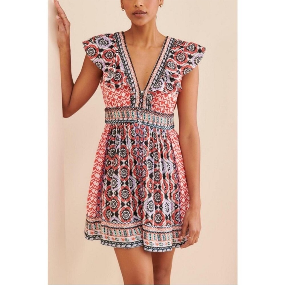 Anthropologie Flutter Boho Printed Beaded Mini Dress Sz 8